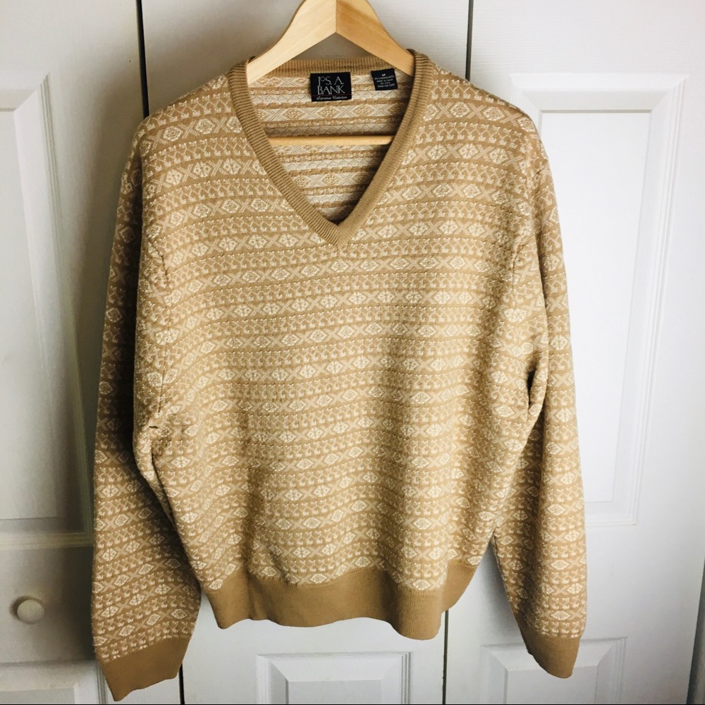 Jos A Bank Merino Wool Tan Grandpa Sweater v-neck